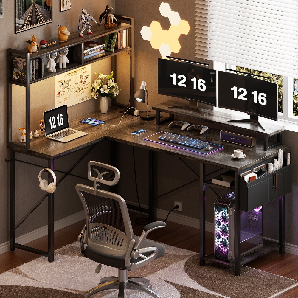 Farmhouse L-shaped Corner Desk with Charging Station, Gaming Table with Hutch and LED Light