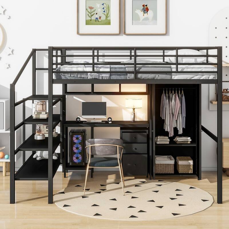 Full Size Metal Loft Bed With Table,Drawers, Shelf and Wardrobe