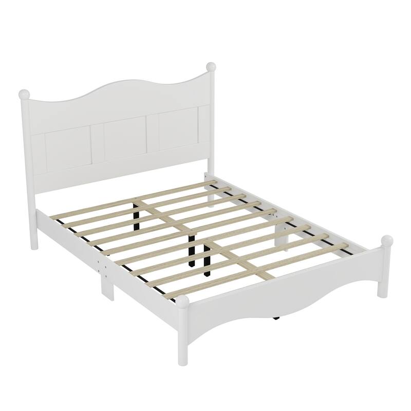 Queen Size Elegant Wood Platform Bed Frame, Retro Style, No Box Spring Needed, Sturdy Wooden Slat Support, Bedroom Furniture