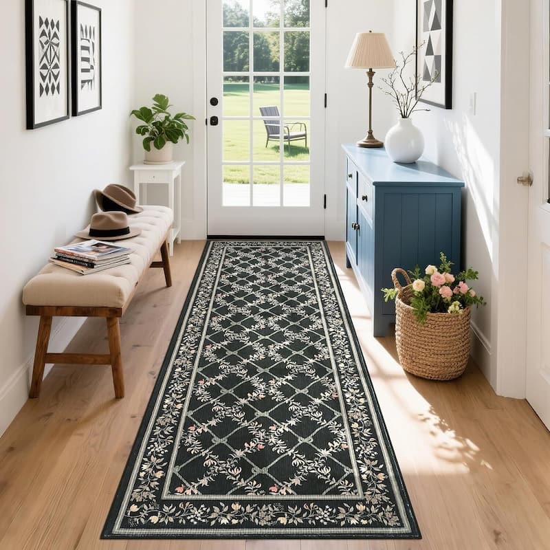 Floral Neutral Washable Hallway Low Pile Area Rug for Bedroom, Living Room, Black - 2' x 3'