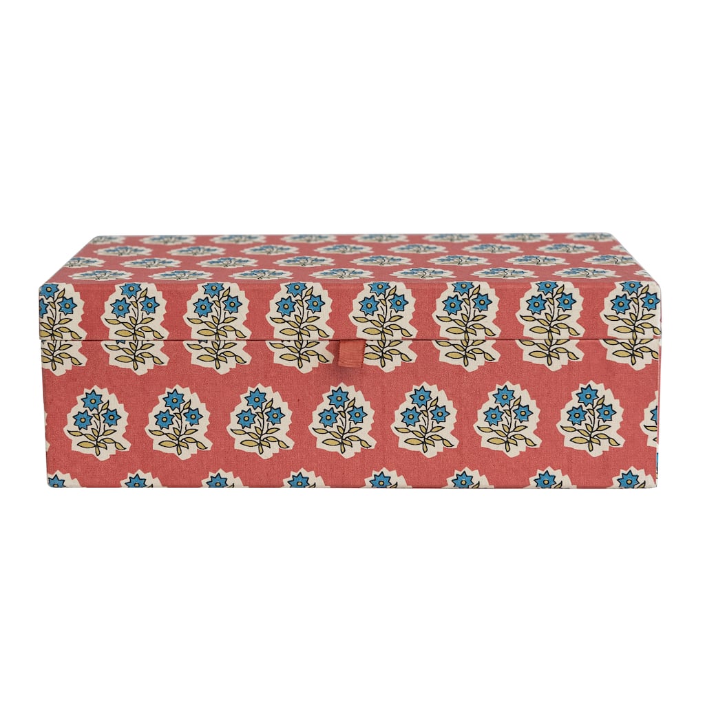 Fabric Covered Jewelry Box with Floral Pattern and Interior Mirror - 7.0"L x 12.0"W x 4.0"H