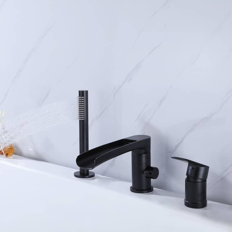 Deck Mounted Tub Faucet With Handheld Shower Watterfall Tub Filler Modern Bahroom Roman Bathtub Faucet With Sprayer And Valve - Matte Black