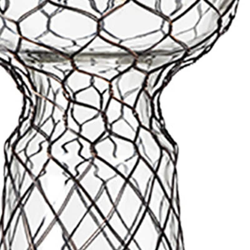 11" Black Distressed Lattice Metal And Glass Tabletop Pillar Candle Holder