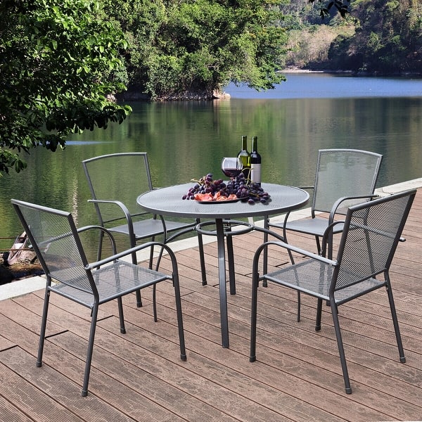 5 Pcs Round Patio Dining Set Metal Outdoor Furniture in Grey Bed Bath
