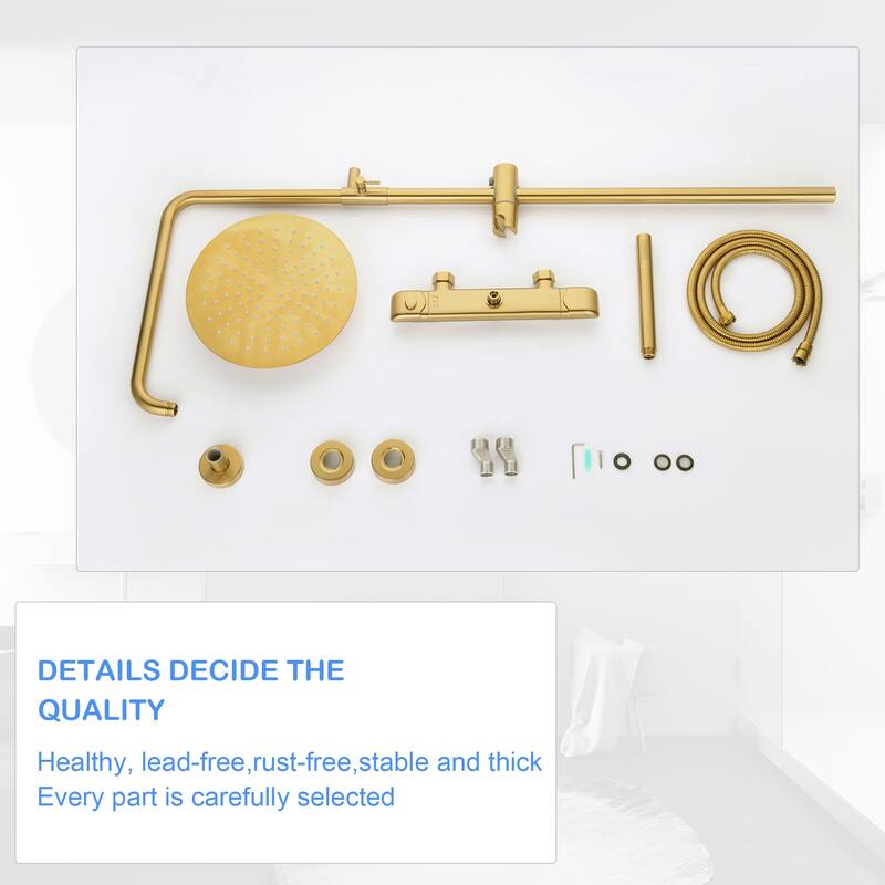10'' Wall Exposed Install Height/Angle Adjustable Complete Shower System w/ Rainfall Shower Head and Handle in Luxury Gold