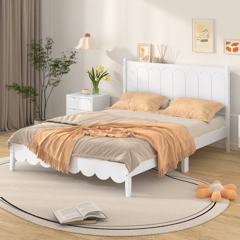 Wood Platform Bed Frame, Retro Style Bed with Rectangular Headboard