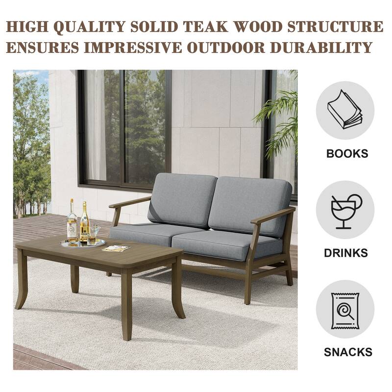 Teak Outdoor Patio Loveseat and Coffee Table Set (2-Piece)