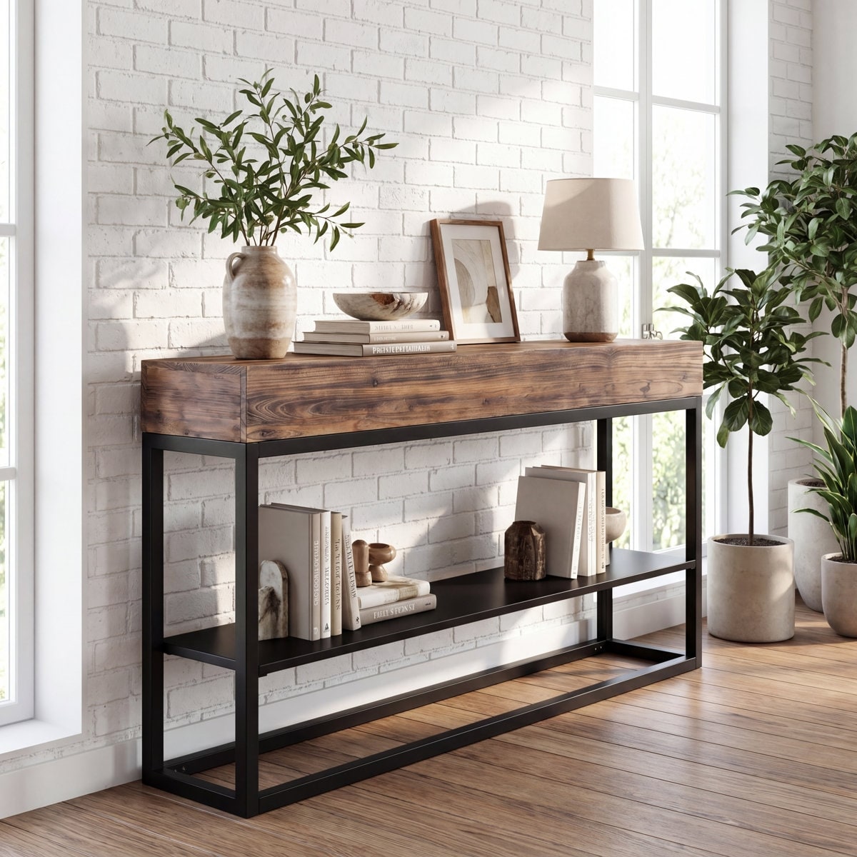 63-Inch Solid Wood Entryway Console Table with 2-Tier Storage Shelf