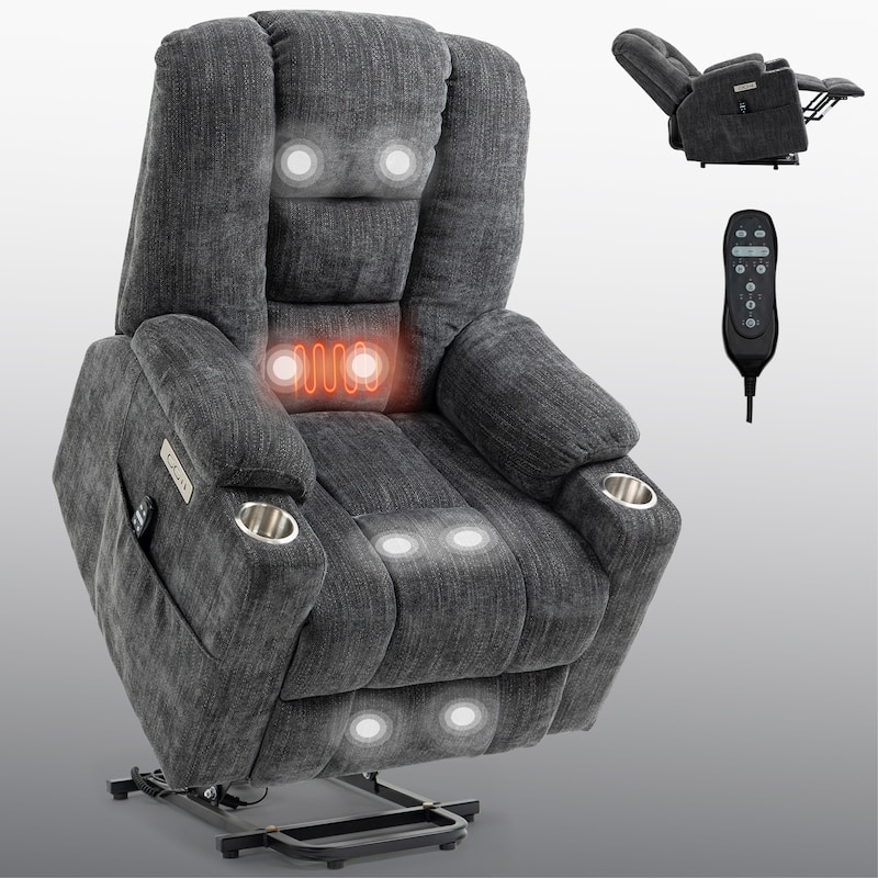 Grey Large Power Lift Recliner Chair with Massage, Heat, Dual USB Ports, Type C Charging, and Cup Holders