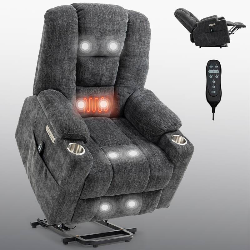 Grey Large Power Lift Recliner with Massage, Heat, USB, and Cup Holders