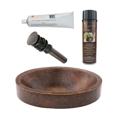 17" Compact Oval Skirted Vessel Hammered Copper Sink, Matching Drain and Accessories