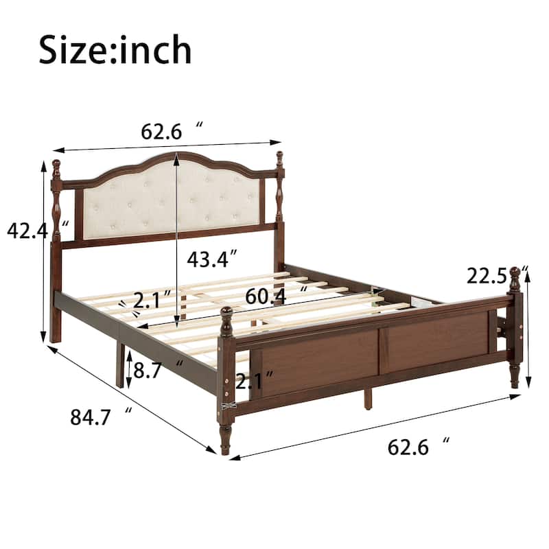 Classic Platform Bed Wooden Frame Queen Size Bed with Upholstered Tufted Headboard, Panel Footboard and Central Support Feet