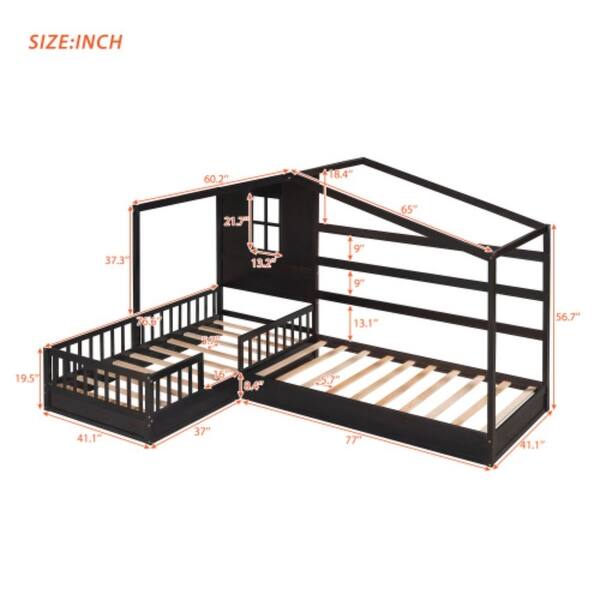 dimension image slide 2 of 3, Wood House Bed Twin Size, 2 Twin Solid Bed L structure with Fence and Slatted Frame