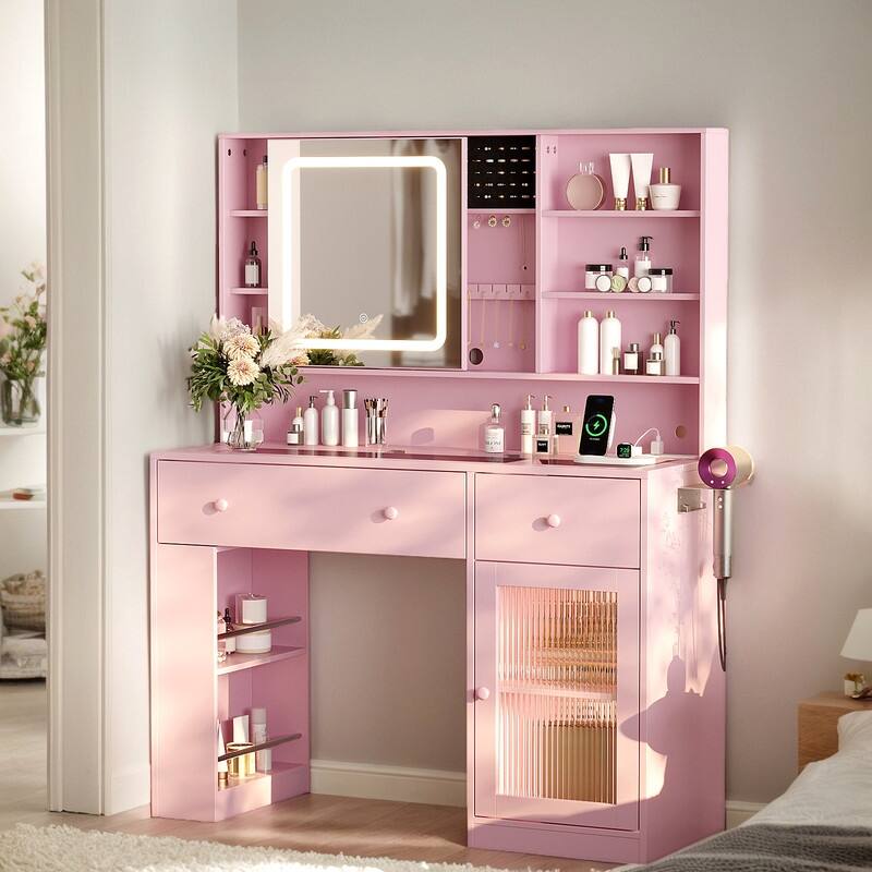 Particle Board Veneered , 2 Drawers, 1 Glass Door, Left and Right 2-tier Shelves, Glass Tabletop, Dressing Table - N/A