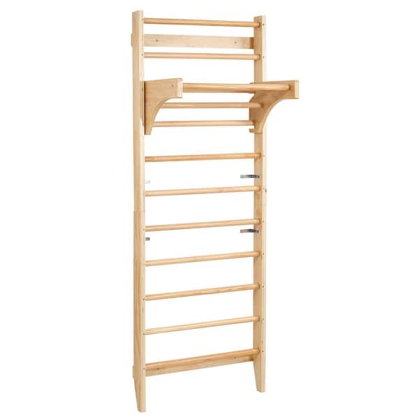 slide 2 of 12, Natural Pine Wood 10-Level Climbing Wall Gym for Kids and Indoor Playset - 31.5” L x 20.67” W x 86.61” H Natural
