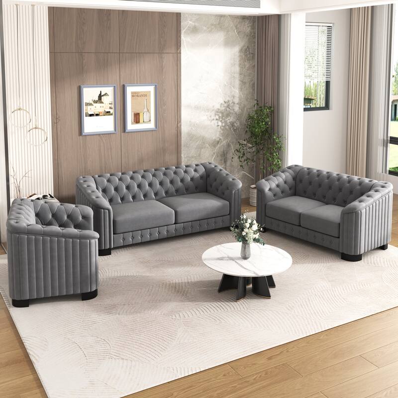 3-Piece 6-Seat Velvet Sofa Set (3+2+1) with Tufted Back & Rubber Wood Legs