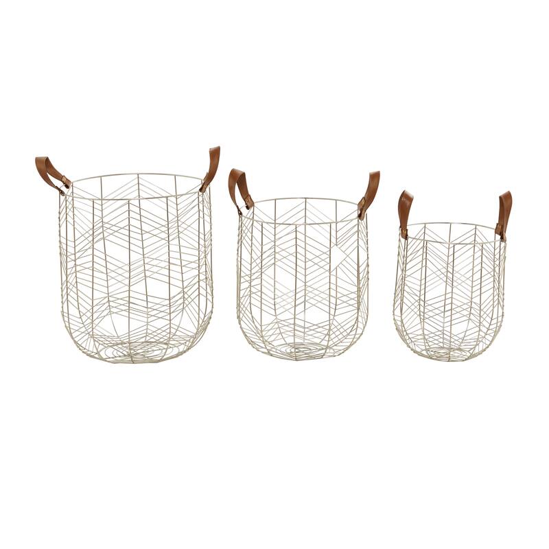 CosmoLiving by Cosmopolitan Metal Storage Basket with Faux Leather Handles (Set of 3) - Silver or Gold