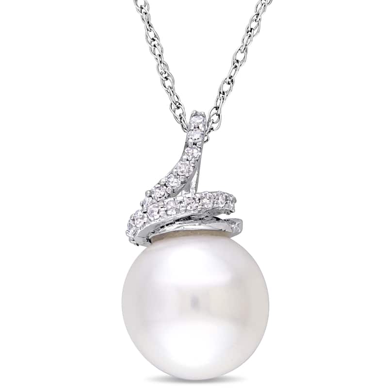 Miadora 9-9.5mm Cultured Freshwater Pearl and 1/10 ct TW Diamond Swirl 10k White Gold