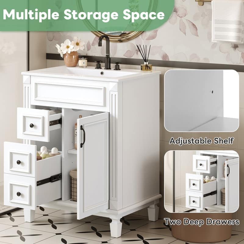24" Bathroom Vanity with Ceramic Sink, 2 Drawers and Adjustable Shelf