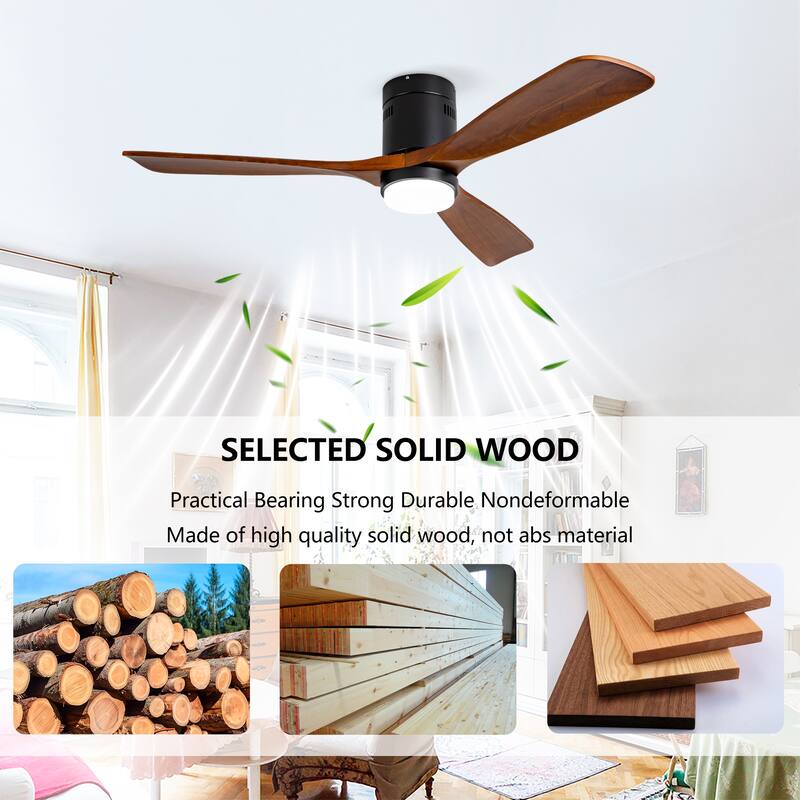 52 Inch Flush Mount Ceiling Fan with Lights and Remote Control, Wood Blades, Quiet DC Motor - Indoor/Outdoor - Black
