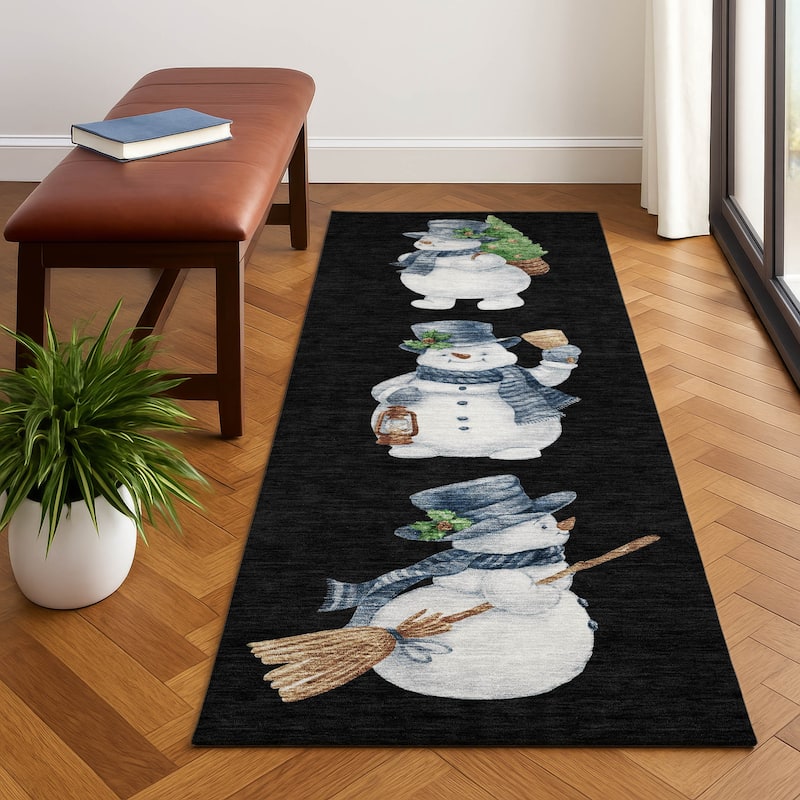 Premium Washable Super Soft Winter Holiday Snowman Mayfield Rug - Black - 2'3" x 7'6"
