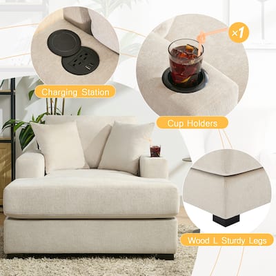 Chenille Fabric Chaise Lounges Couch with Pillows Charge Station and Cup Holders Lounge Chair Oversized Single Sofa Accent Chair