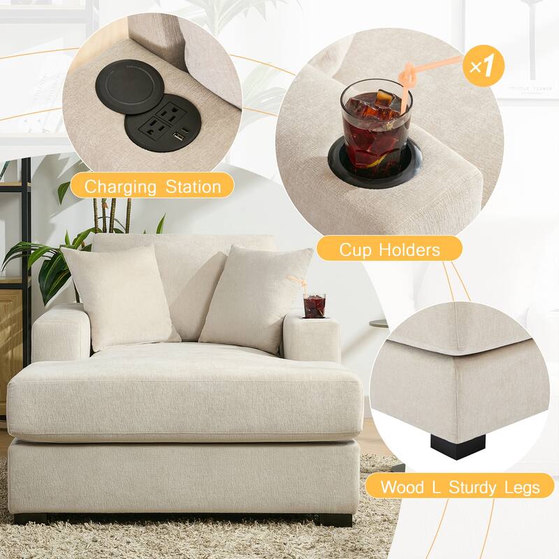 Oversized Chaise Lounger Modern Sofa Couch with Pillows, Charge Station & Cup Holders