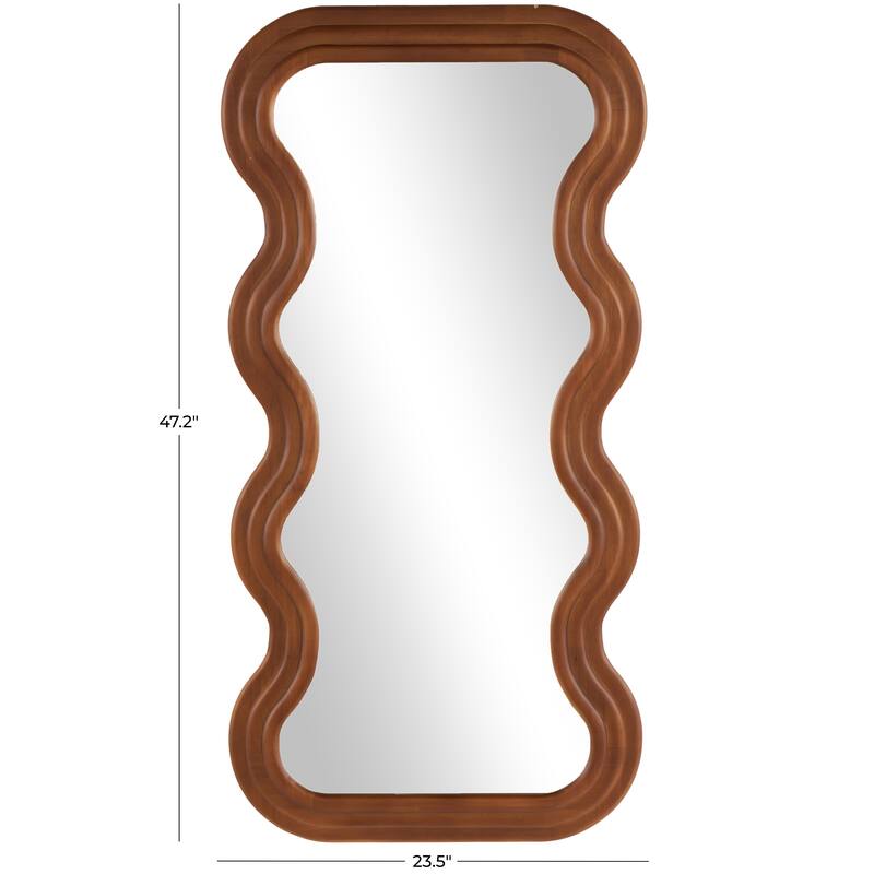 Brown Wood Wavy Room Wall Mirror with Dimensional Carved Frame
