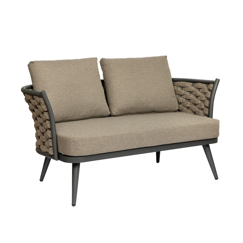 HomeRoots 56" Dark Gray Aluminum Outdoor Love Seat with Taupe Cushions - 56.00 in. x 28.00 in. x 32.00 in.