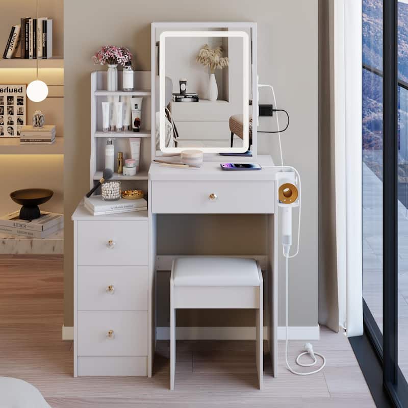 29.2"Left Bedside Cabinet Vanity Table +Cushioned Stool,2 AC+2 USB Power Station,Hair dryer bracket,Extra Large Sliding Mirror