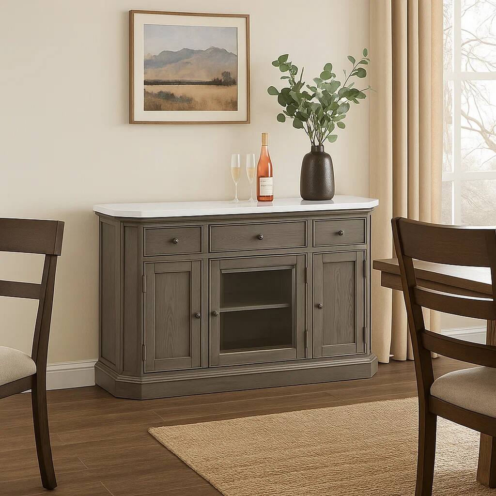 Server with Faux Marble Top and 3 Drawers, White and Brown