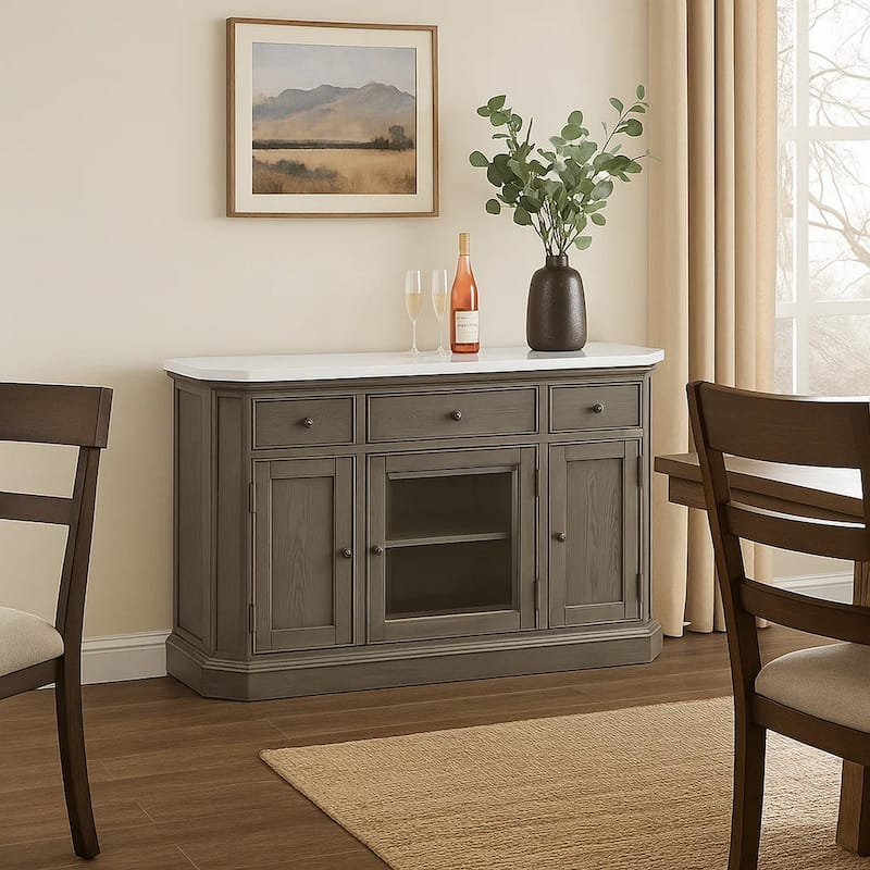Server with Faux Marble Top and 3 Drawers, White and Brown
