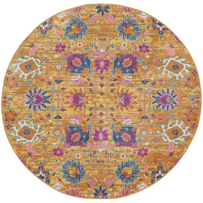 Caki Power Loomed Geometric Floral Area Rug By HomeRoots - 5' Round