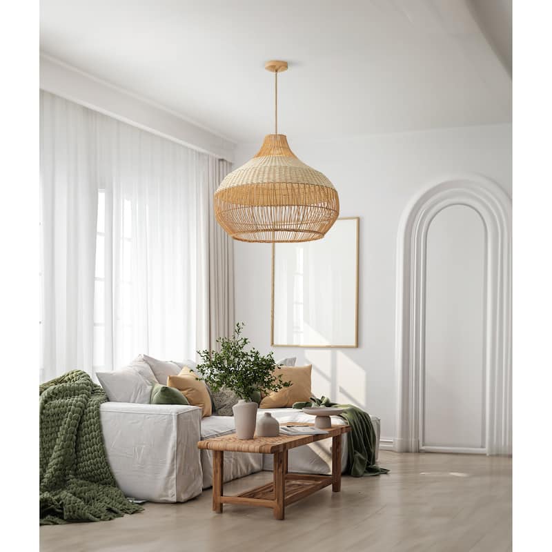 Beatrice Brown Rattan Pendant Light Fixture for Dining, Living Room, or Kitchen Island in Modern Farmhouse and Coastal Style