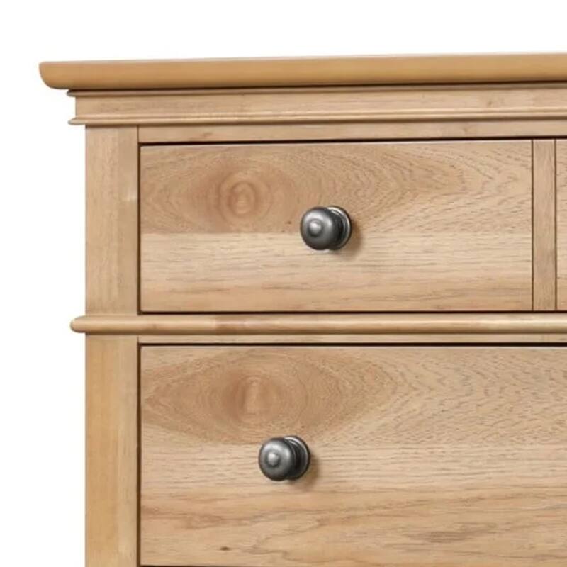 Lexa Tall Dresser Chest, 5 Drawers, Natural Oak Brown Wood, Pewter Metal