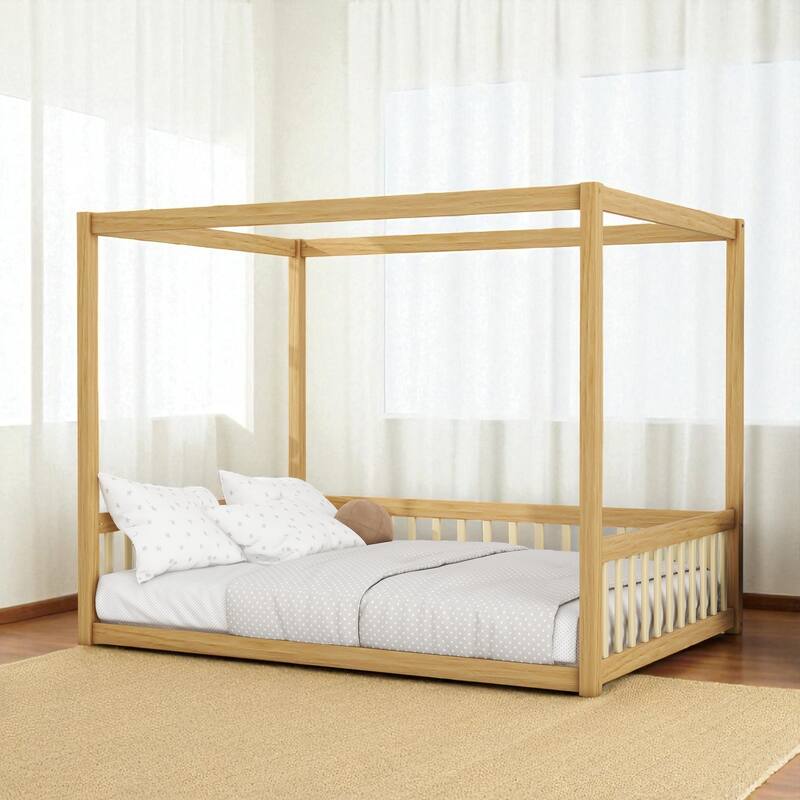 Full Size Wooden Canopy Floor Bed with Guardrails and Fence, Rubber Wood Frame, Kids Montessori Bed