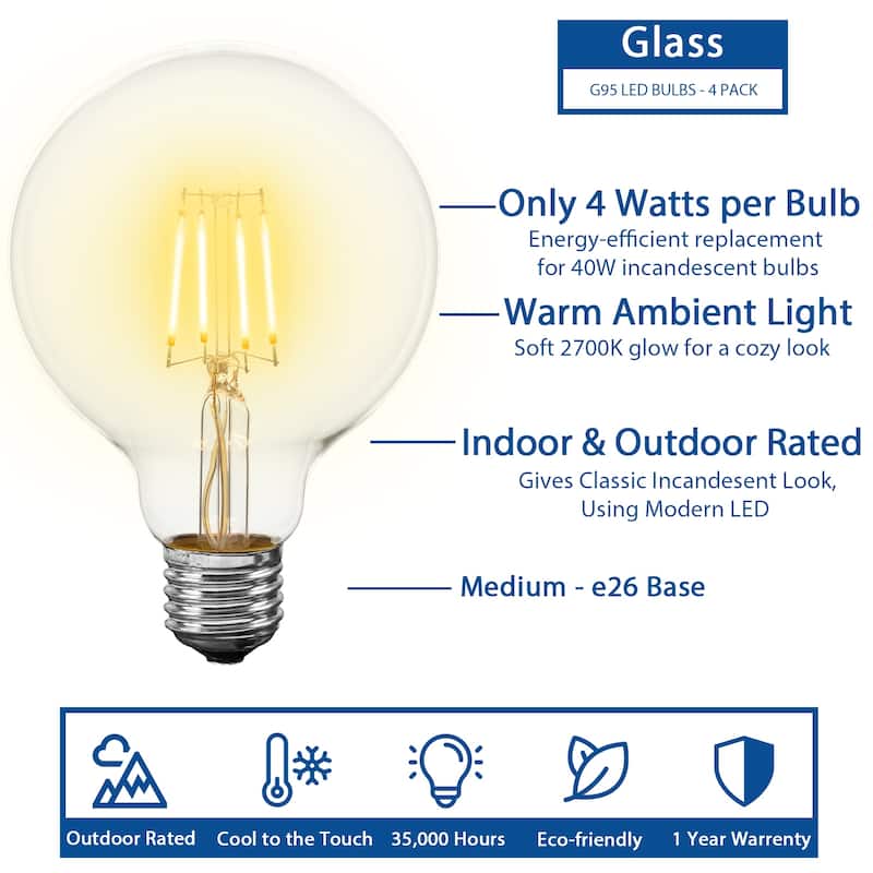 4 Pack LED G95 Glass Filament Outdoor Globe Replacement Bulbs