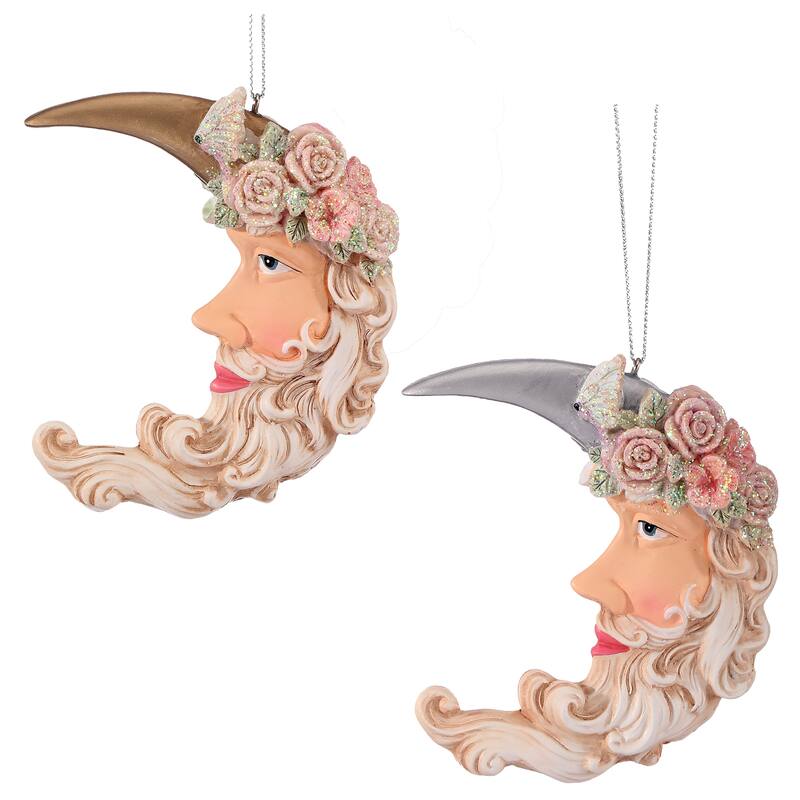 4" Resin Floral Crescent Santa Ornament Set of 2