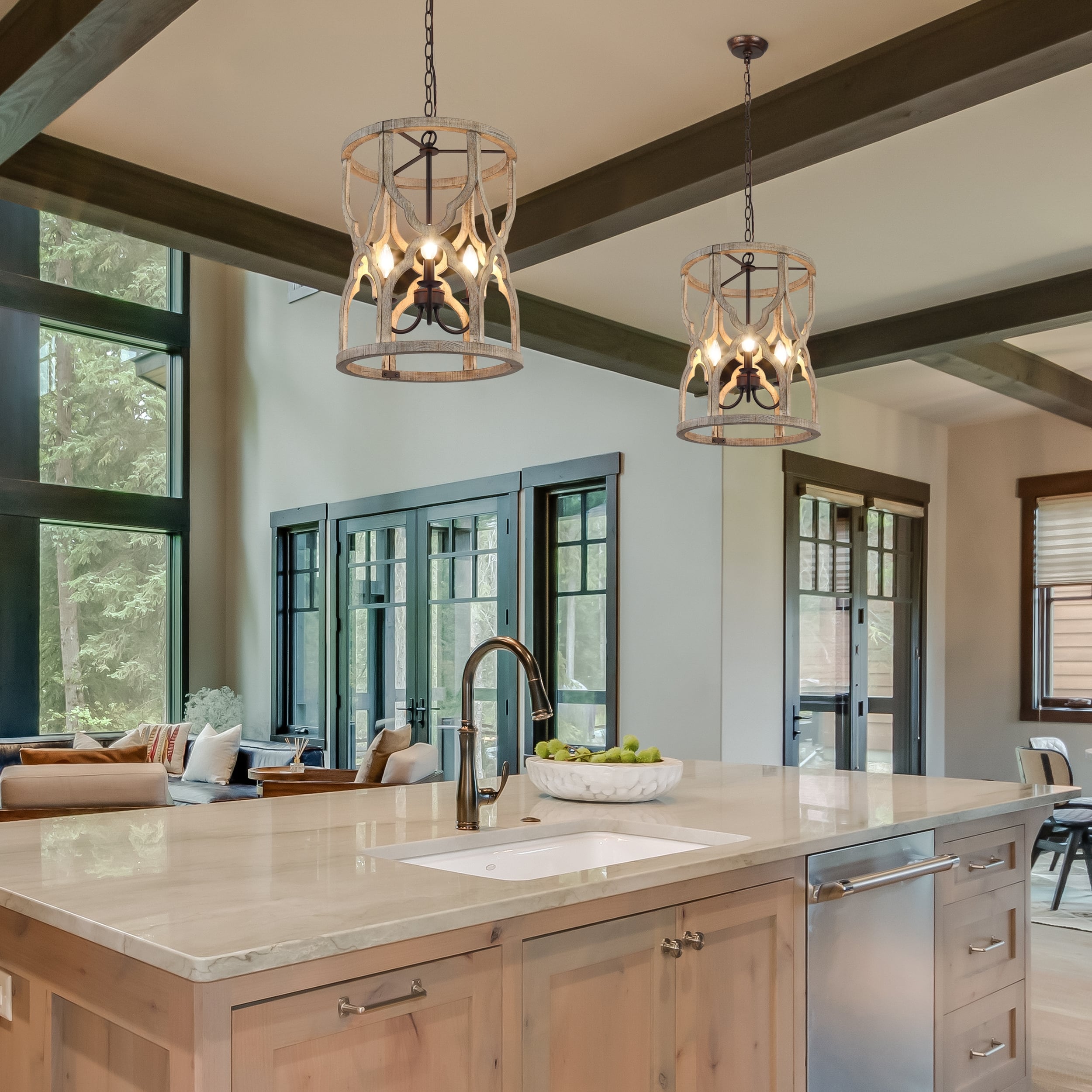 Modern Farmhouse 3Light Wood Lantern Chandelier Kitchen Island Lights
