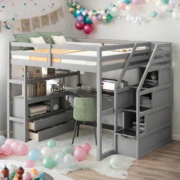 slide 2 of 16, Multifunctionl Full Size Loft Bed With Desk And Shelves,Two Built-in Drawers Grey