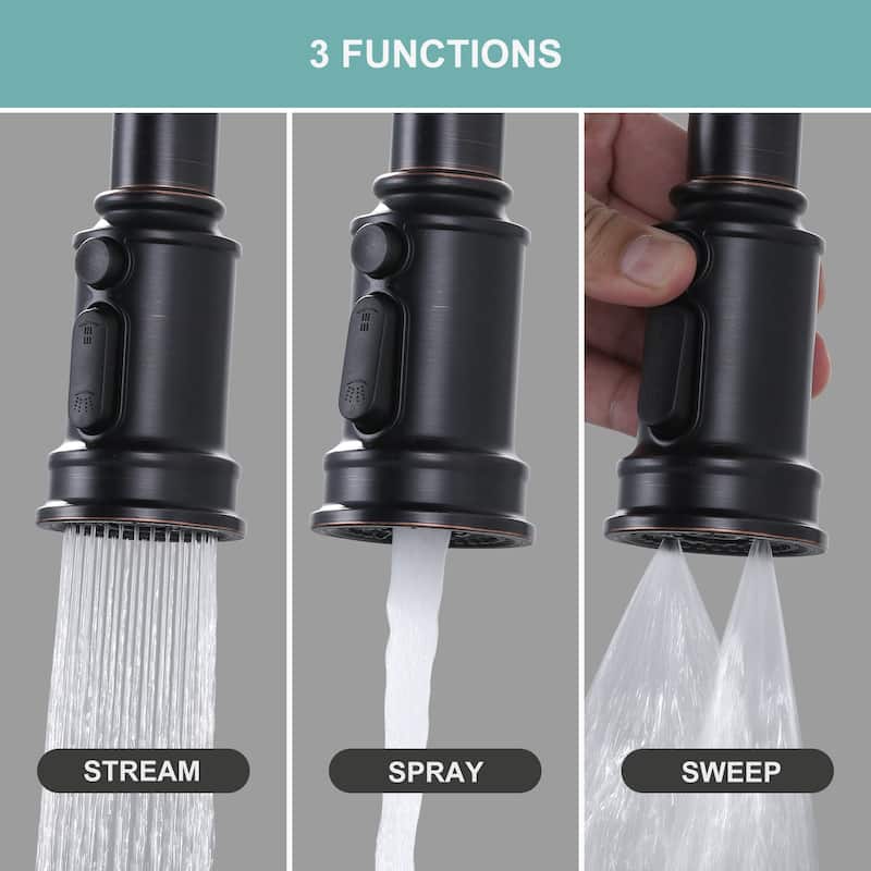 WOWOW Double Handle Bridge Kitchen Faucet with Advanced Spray