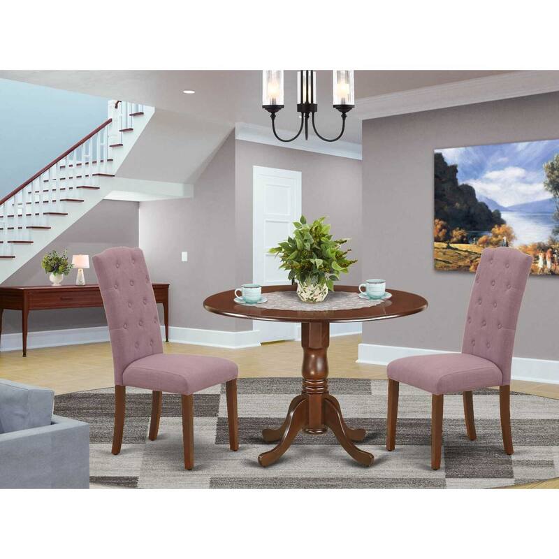 HomeStock 3-Piece Round Mahogany Finish Solid Wood Top Dining Table with 2-Parson Chairs with Drop Leaf