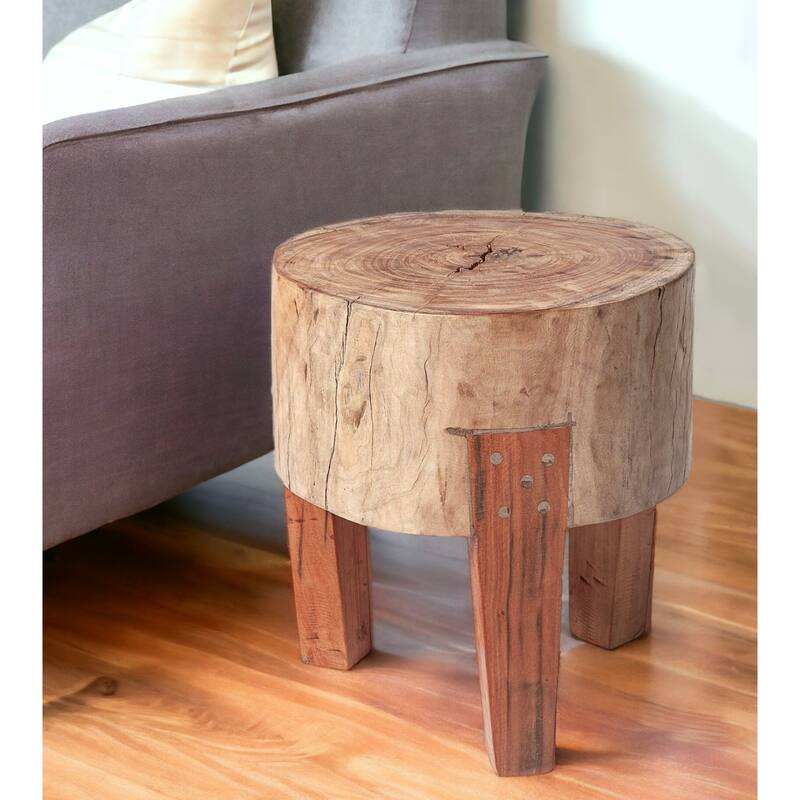 Modern Rustic Solid Wood Round End Table with 3-Leg Dark Brown Base for Living Room or Bedroom