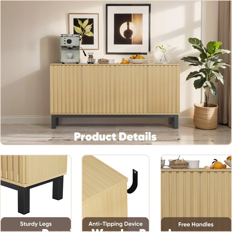 Pocassy 63" Buffet Cabinet with Storage 4 Fluted Doors