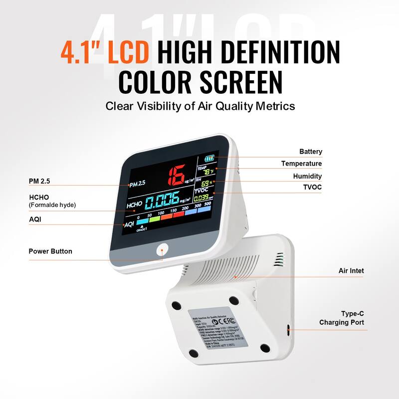 Air Quality Monitor 9-IN-1 for Indoor/Outdoor, Air Quality Meter w/Alarm Thresholds