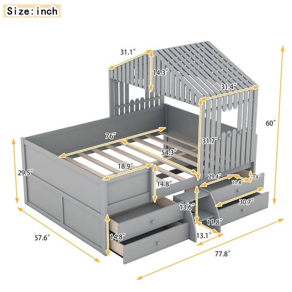 dimension image slide 0 of 2, Full House Loft Bed with Drawers and Guardrails, White Finish