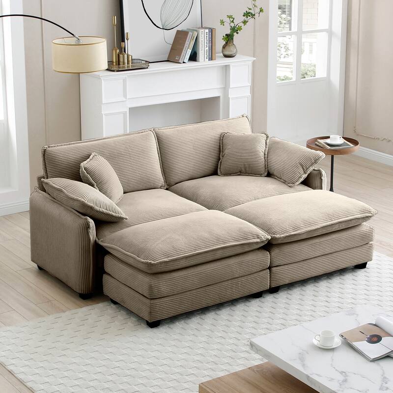 81" 2-Seater Sectional Sofa with 2 Ottoman Corduroy Upholstered Couch for Living Room, Apartment, Leisure Loveseat with Pillows - Tan