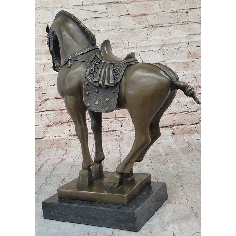 Tang Dynasty Imitative Horse Bronze Sculpture Mantle Marble Base Statue Hot Cast Figurine 14 Inches X 12 Inches