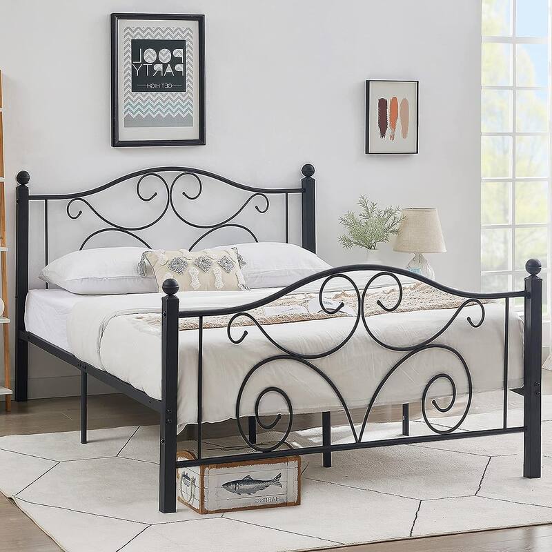 Javlergo Metal Bed Frame with Arched Roman Column Headboard and Footboard Heavy Duty Steel Slat Support No Box Spring Needed