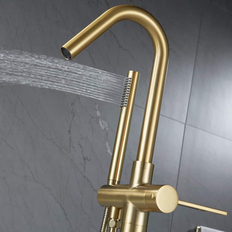 45"H Solid Brass Single Handle Floor Mounted Freestanding Tub Filler with Handheld Shower